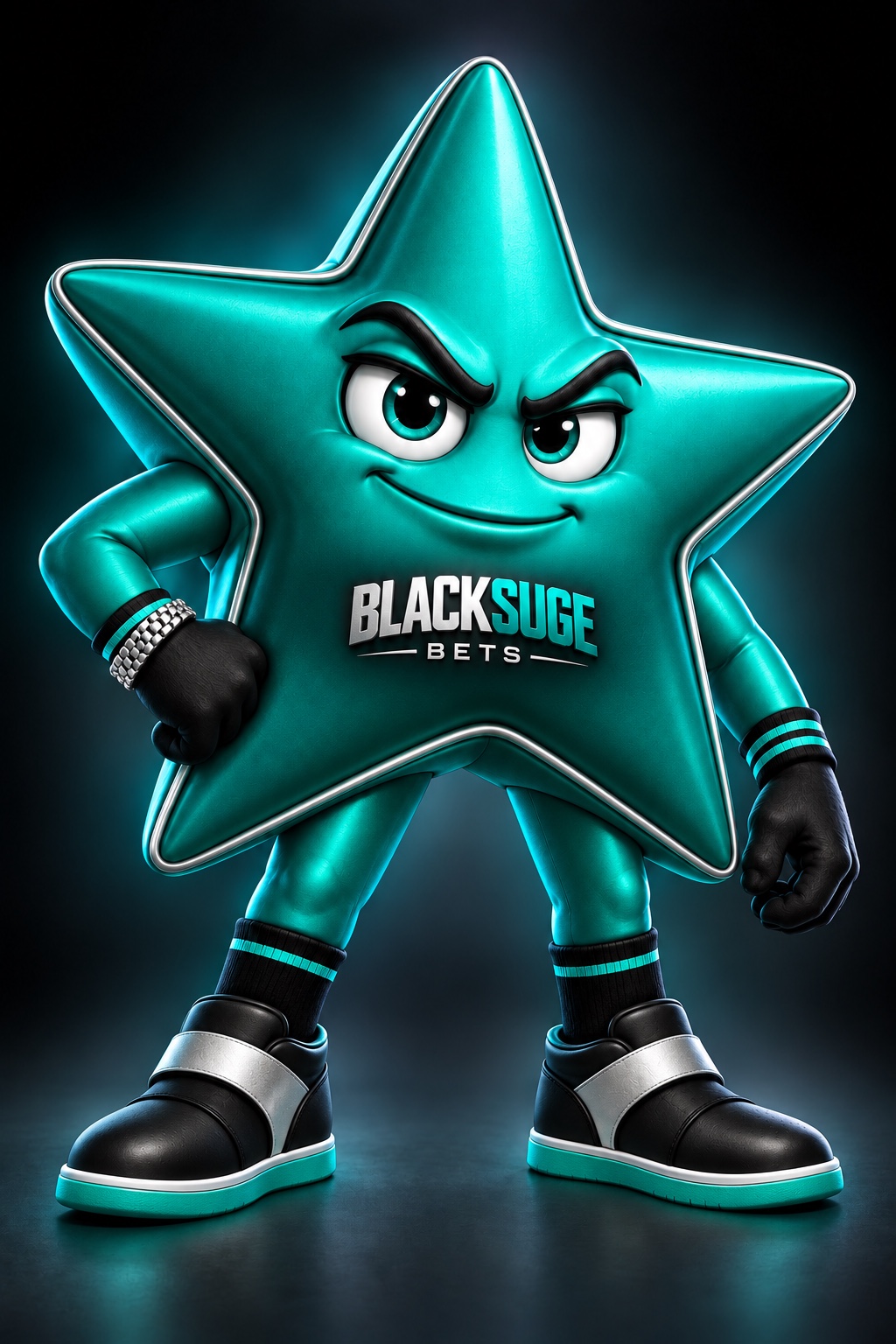 Suge, the teal BlackSuge Bets star mascot